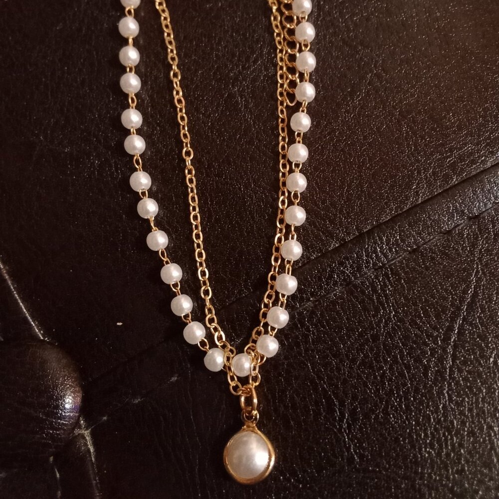 ✨ Gold & Faux Pearl Layered Bracelet with Drop Charm ✨